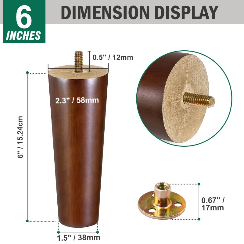 FoDau770 Brown Rubber Wood Furniture Legs 6 Inches, Straight Tapered Wood Legs Mid Century Sofa Legs Set of 8, 5/16"" UNC Furniture Feet Replacement Legs for Sofa Couch Dresser Chair Ottoman - Image 3